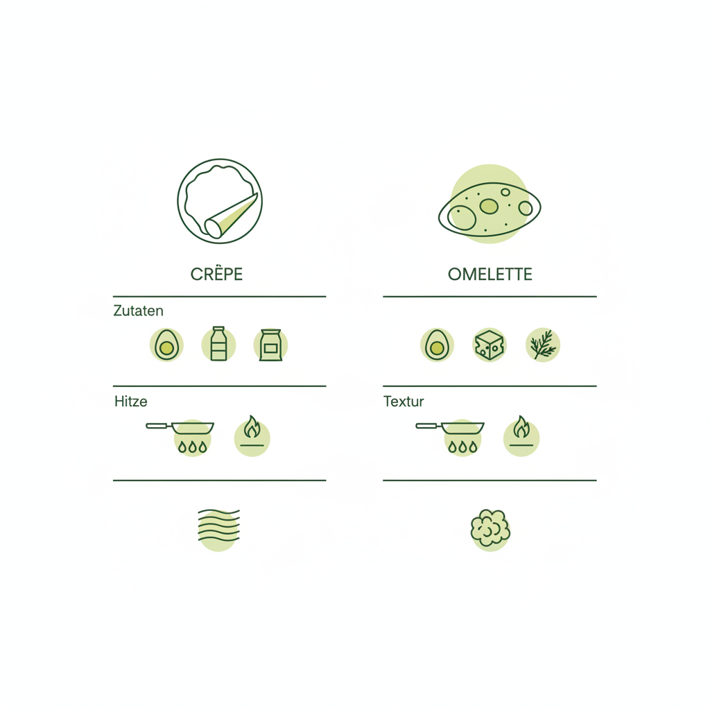 Minimalistische 2D-Infografik Crêpe vs Omelette mit zwei Spalten und Icons für Zutaten, Hitze und Textur in Schnell Lecker Markenfarben.