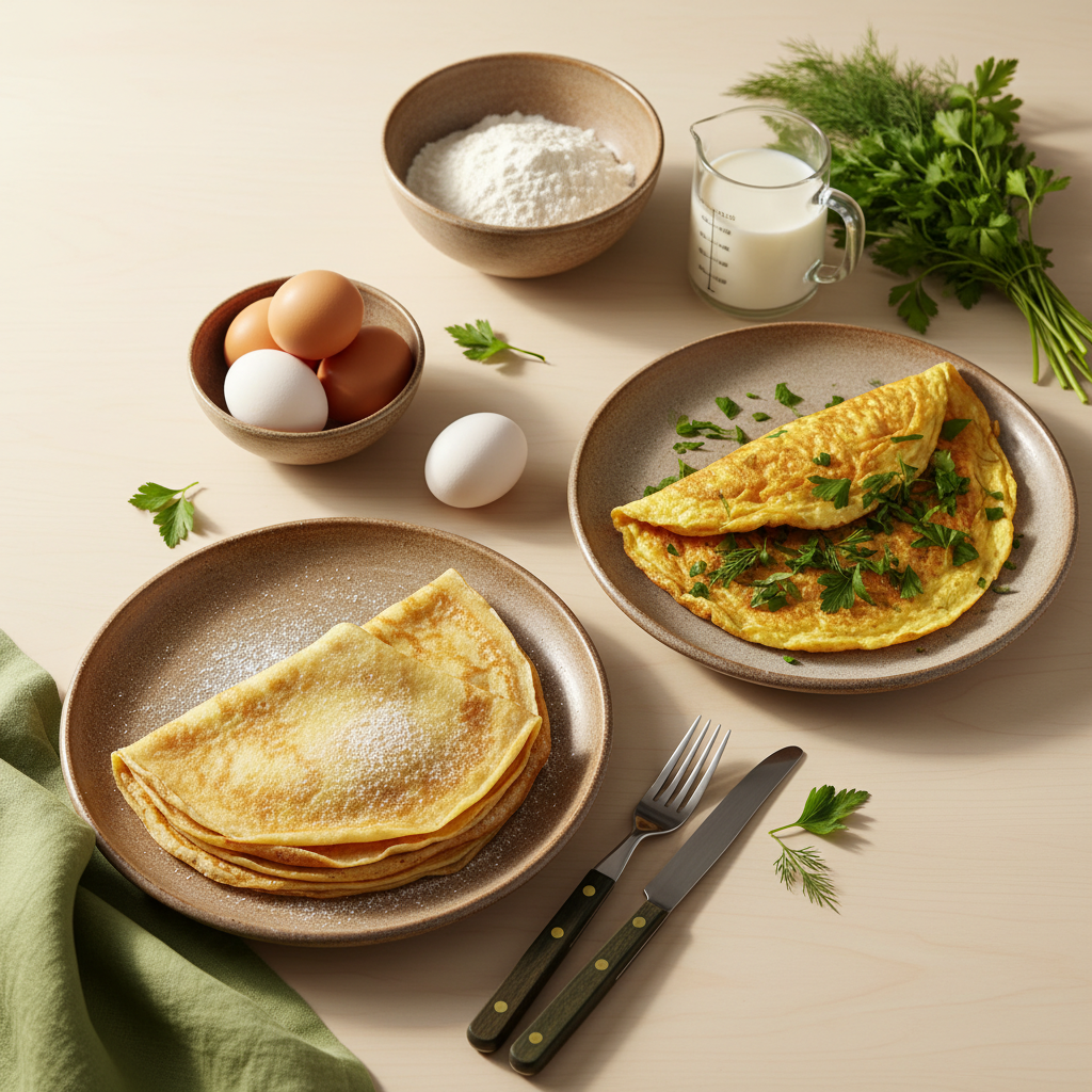 Crêpe vs Omelette: heimeliges Full-Frame Tisch-Setting mit Crêpes und Omelette auf rustikalen Tellern, Eiern, Mehl, Milch und frischen Kräutern in warmem Licht.