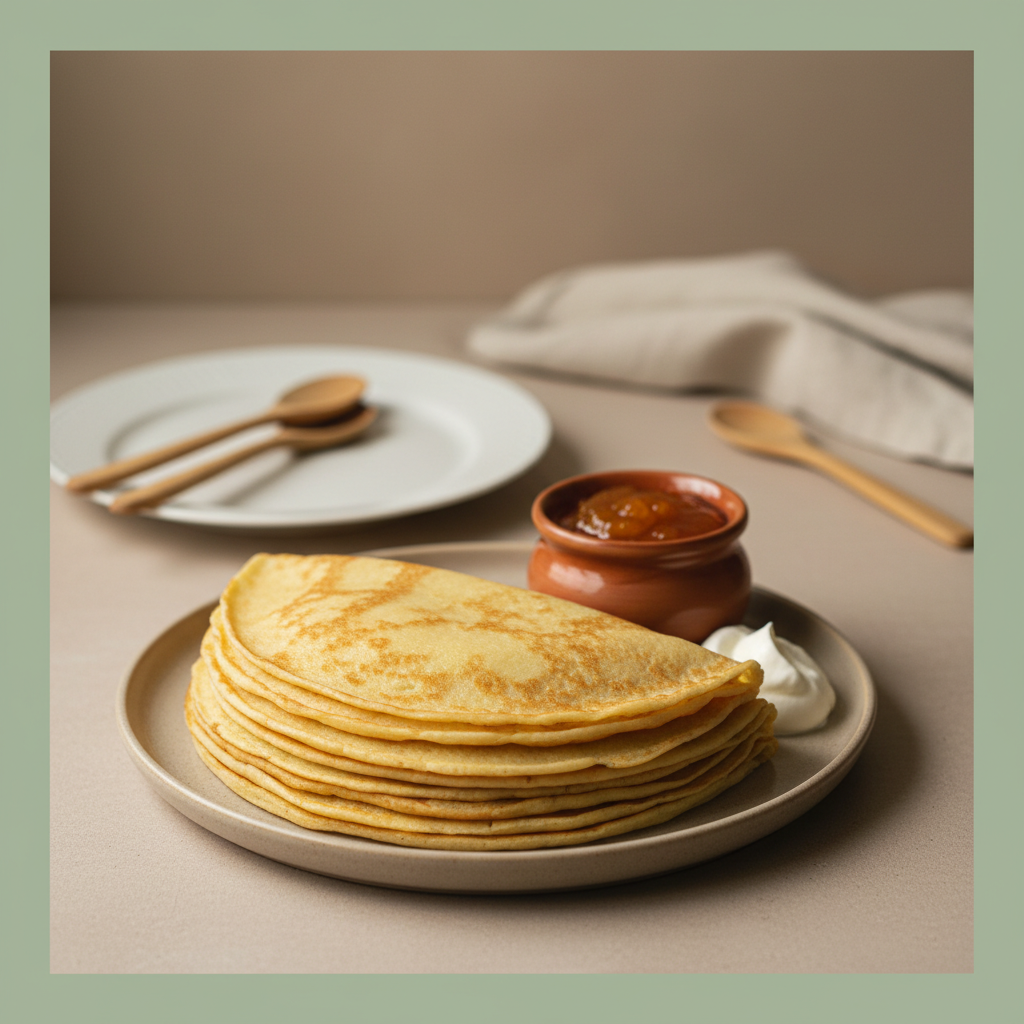 Nahaufnahme eines Stapels goldener Palatschinken auf neutralem Teller mit Aprikosenmarmelade im Topf und Klecks Schlagsahne vor warmem, minimalistischen Hintergrund