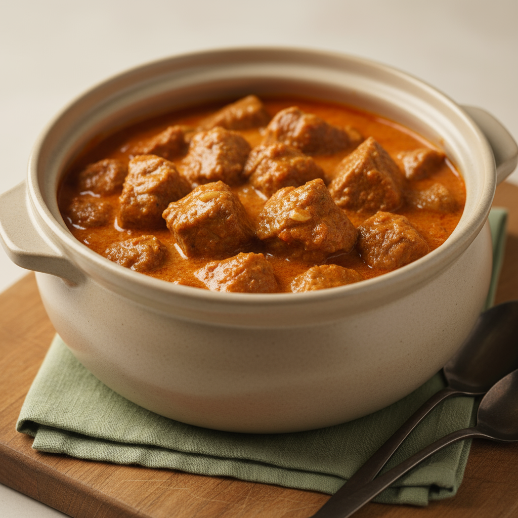 Nahaufnahme eines rustikalen Gulaschtopfs mit Gulasch weich und zart, saftigem Fleisch und sämiger Sauce in schlichtem, warmem Küchenambiente, Hintergrund #dbdbcf, Akzent #a5cd8d, Utensilien #21431f.