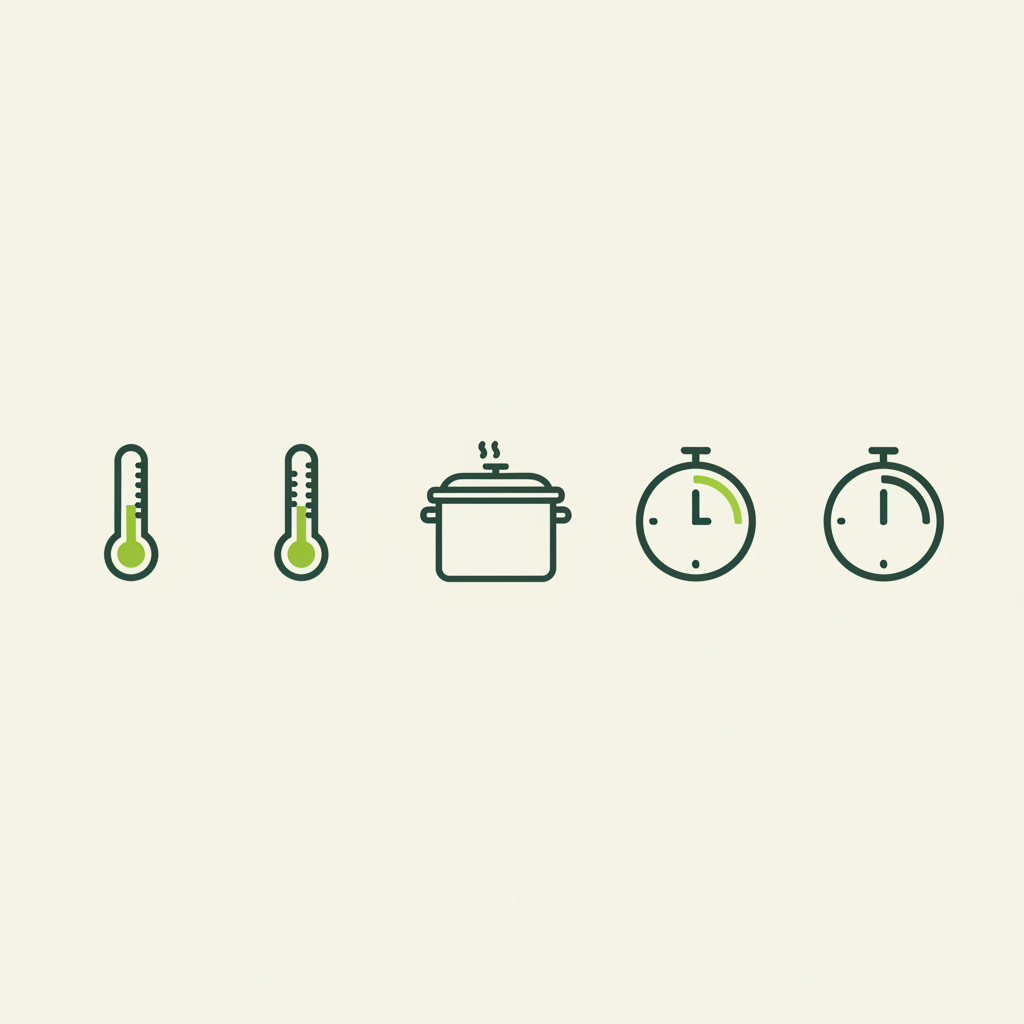 Gulasch zart kochen – minimalistische Vektor-Infografik mit Thermometer-, Schnellkochtopf- und Timer-Icons in Schnell Lecker Markenfarben.