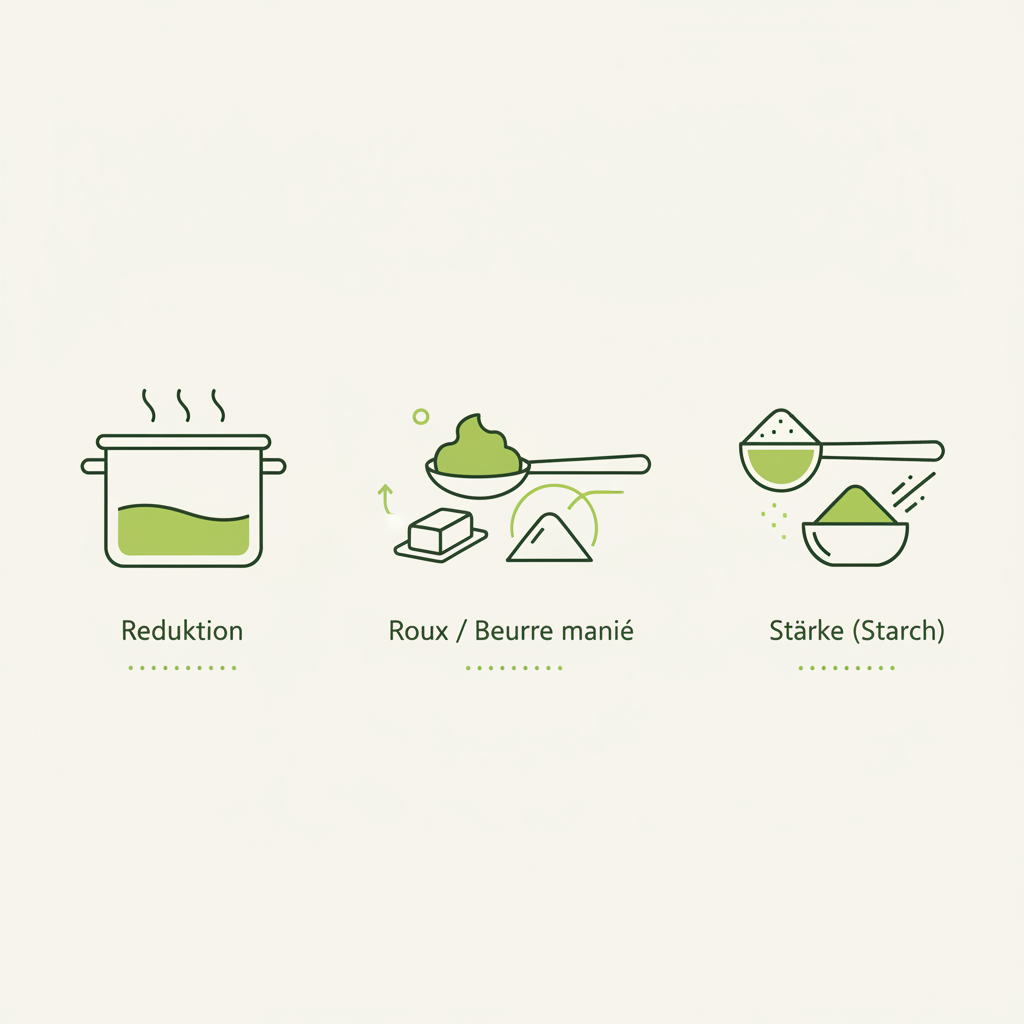 Infografik mit drei Vektor-Icons zu Methoden zum Gulasch andicken: Reduktion, Roux/Beurre manié und Stärke; minimalistisches Design in Schnell Lecker Markenfarben.