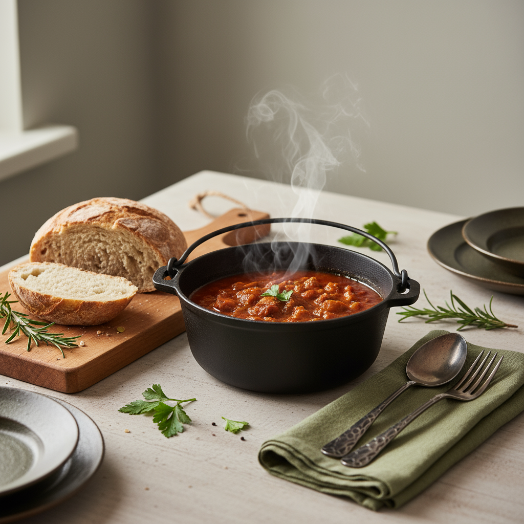 Dampfender Topf mit Gulasch auf minimalistischem Esstisch zum Thema Gulasch andicken, rustikales Besteck und Bauernbrot, dezente Schnell Lecker Farben