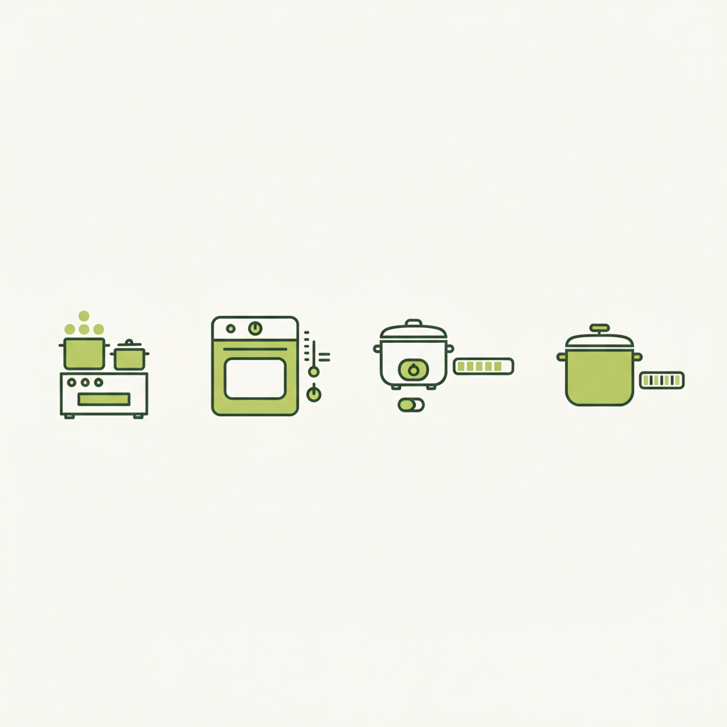 Minimalistische 2D-Vektorinfografik zum Gulasch schmoren mit vier Icons für Herd (2–3), Ofen (150–160°C), Slow Cooker (low 6–8h) und Schnellkochtopf (30–60min) in Markenfarben.