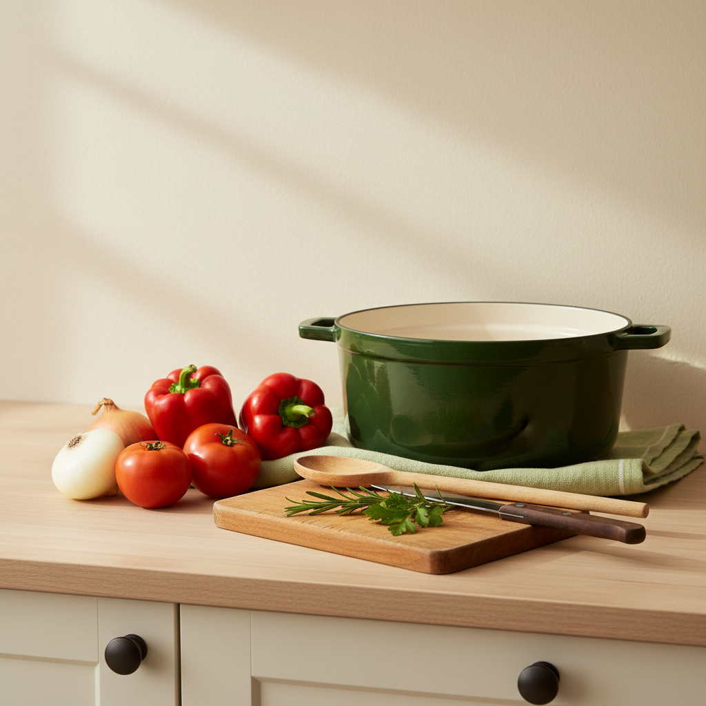 Gulasch salzen: Aufgeräumte Küchenarbeitsplatte mit Topf, Holzlöffel, Zwiebeln, Paprika und Tomaten vor neutralem Hintergrund #dbdbcf.