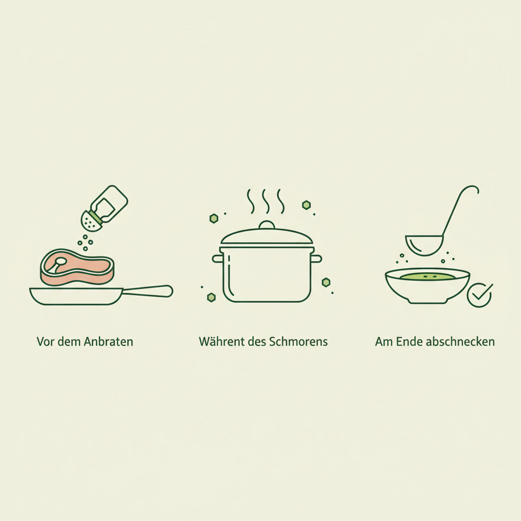 Minimalistische 2D-Vektor-Infografik mit drei Icons zum Gulasch salzen: vor dem Anbraten, während des Schmorens und am Ende zum Abschmecken.