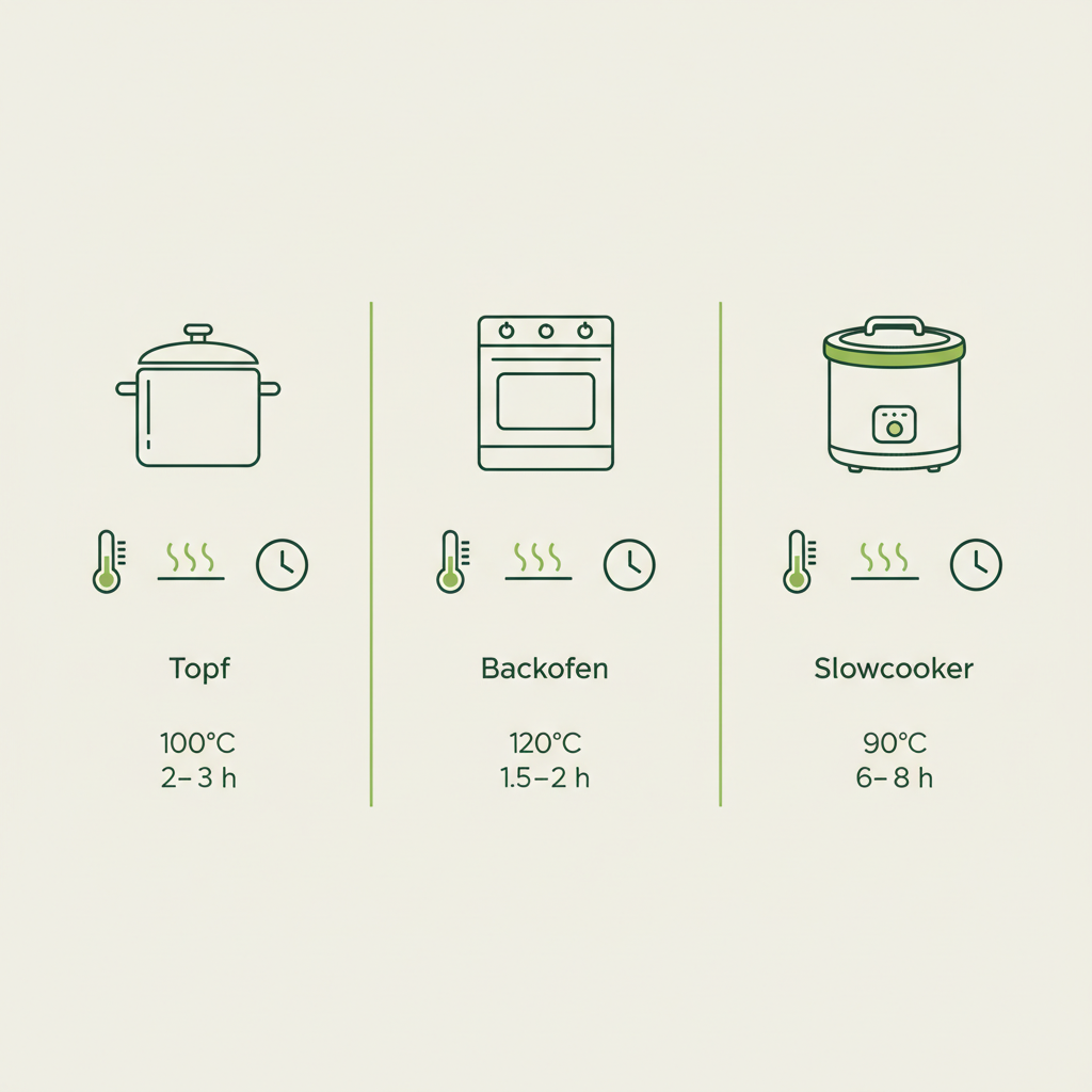 Wie lange schmoren – minimalistische 2D-Vektor-Infografik mit Icons für Topf, Backofen und Slowcooker, kurze Temperatur- und Zeitangaben, Markenfarben Schnell Lecker.