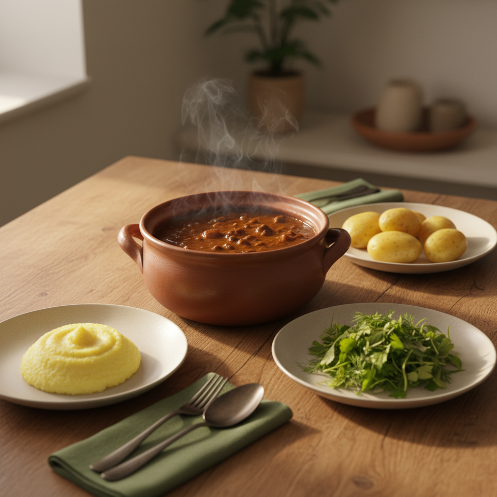 Wie lange schmoren: Fotorealistisches Schmorgericht auf rustikalem Holztisch mit Beilagen, warmes Tageslicht, dezente Markenfarben #dbdbcf und #a5cd8d