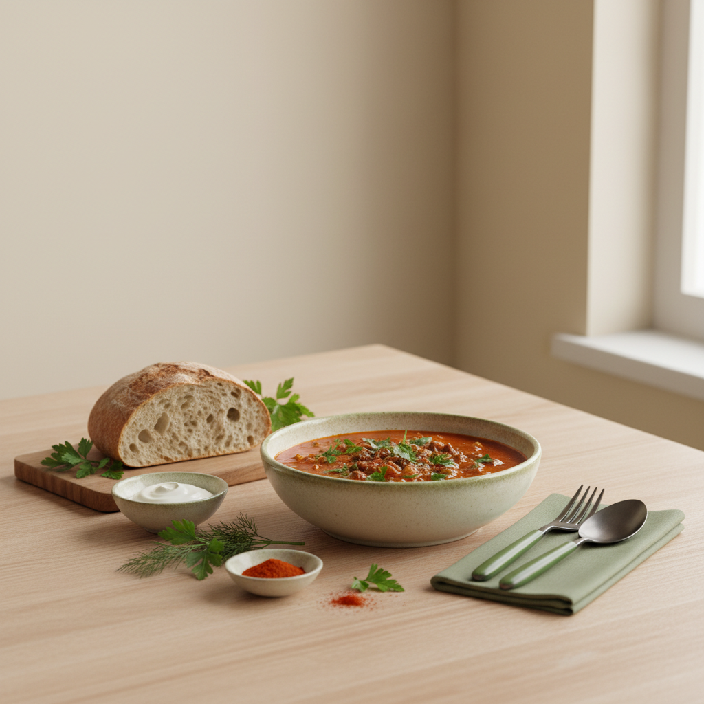 Minimalistisch gedeckter Holztisch mit ungarisch-rumänischem Eintopf, Paprika, Sauerrahm und frischen Kräutern – schnelle Küche, warm und heimisch