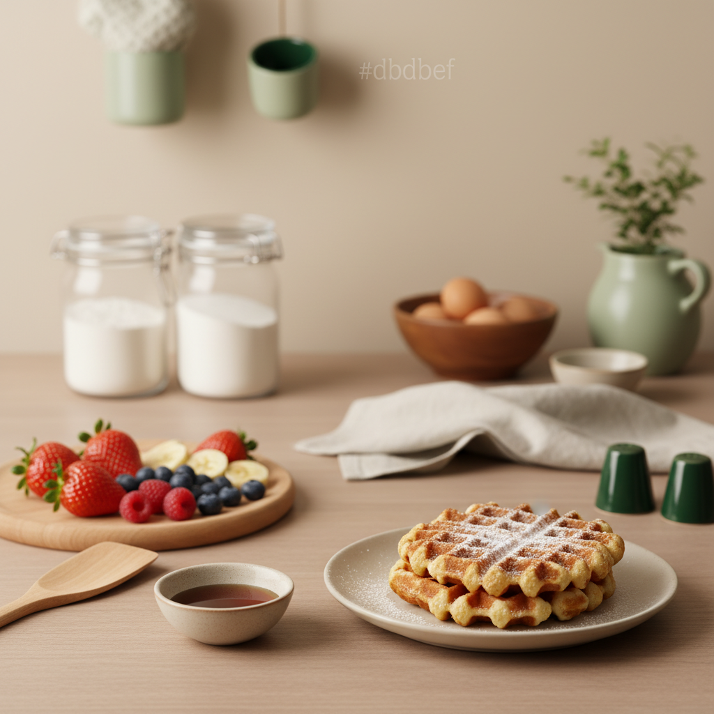 Realistische Frühstücksszene mit Zutaten für Waffeln: Waffel, frisches Obst und Vorratsgläser auf minimalistischem Tisch in warmer Markenästhetik.