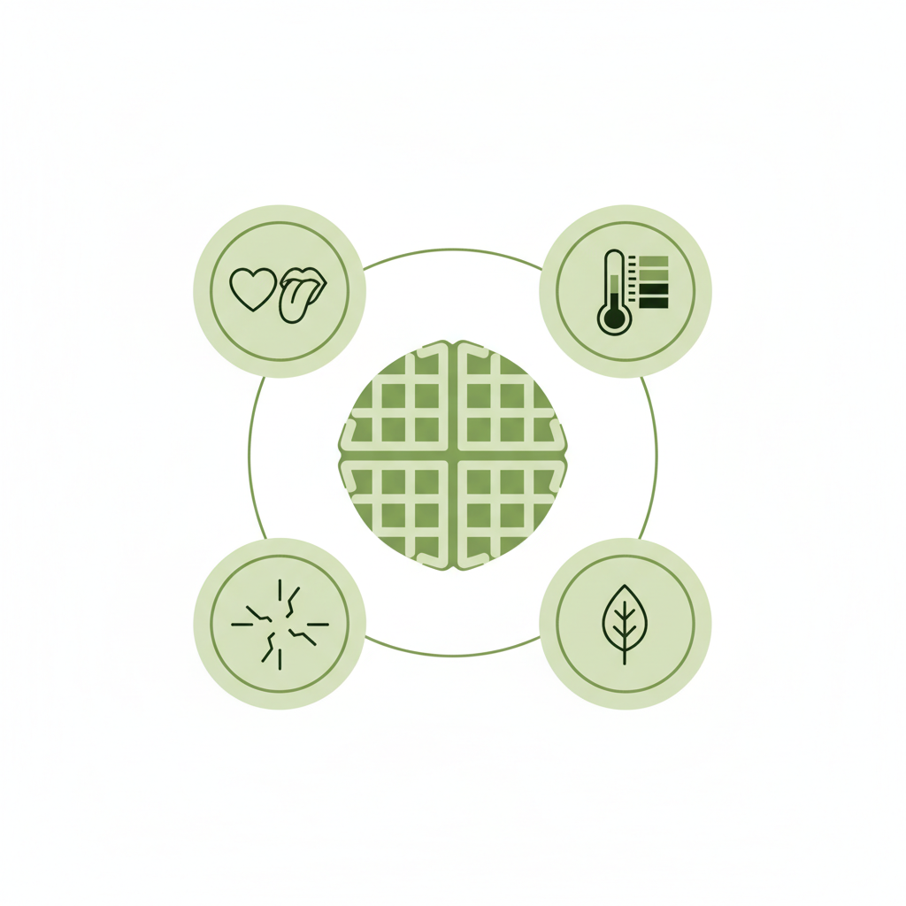 Minimalistische Vektor-Infografik: Vergleich Butter vs Margarine für Waffeln mit Icons für Geschmack, Bräunung, Knusprigkeit und Vegan in Schnell Lecker Farben.