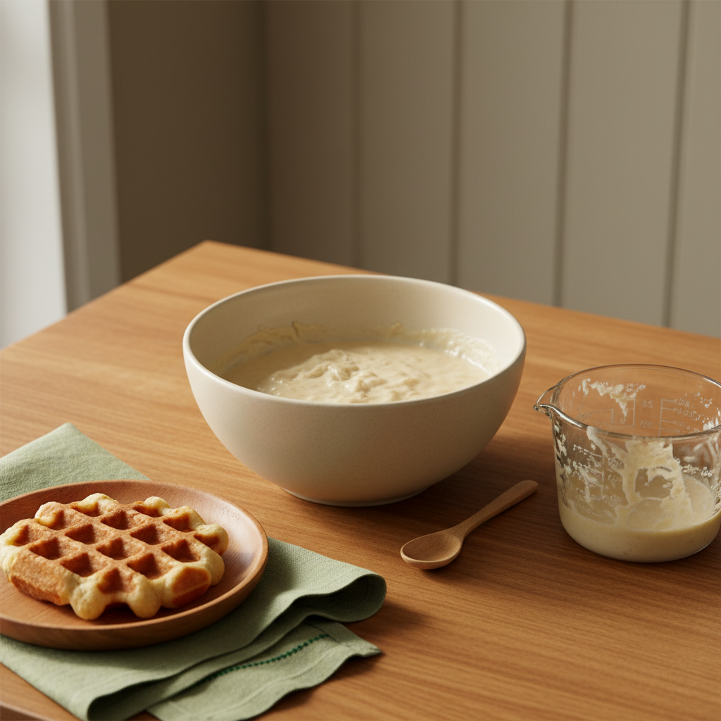 Schüssel mit Waffelteig, Messbecher und Waffelstück auf Holzteller in minimalistischer heimischer Küche – Waffelteig ruhen lassen, warme Brandfarben und aufgeräumte Komposition