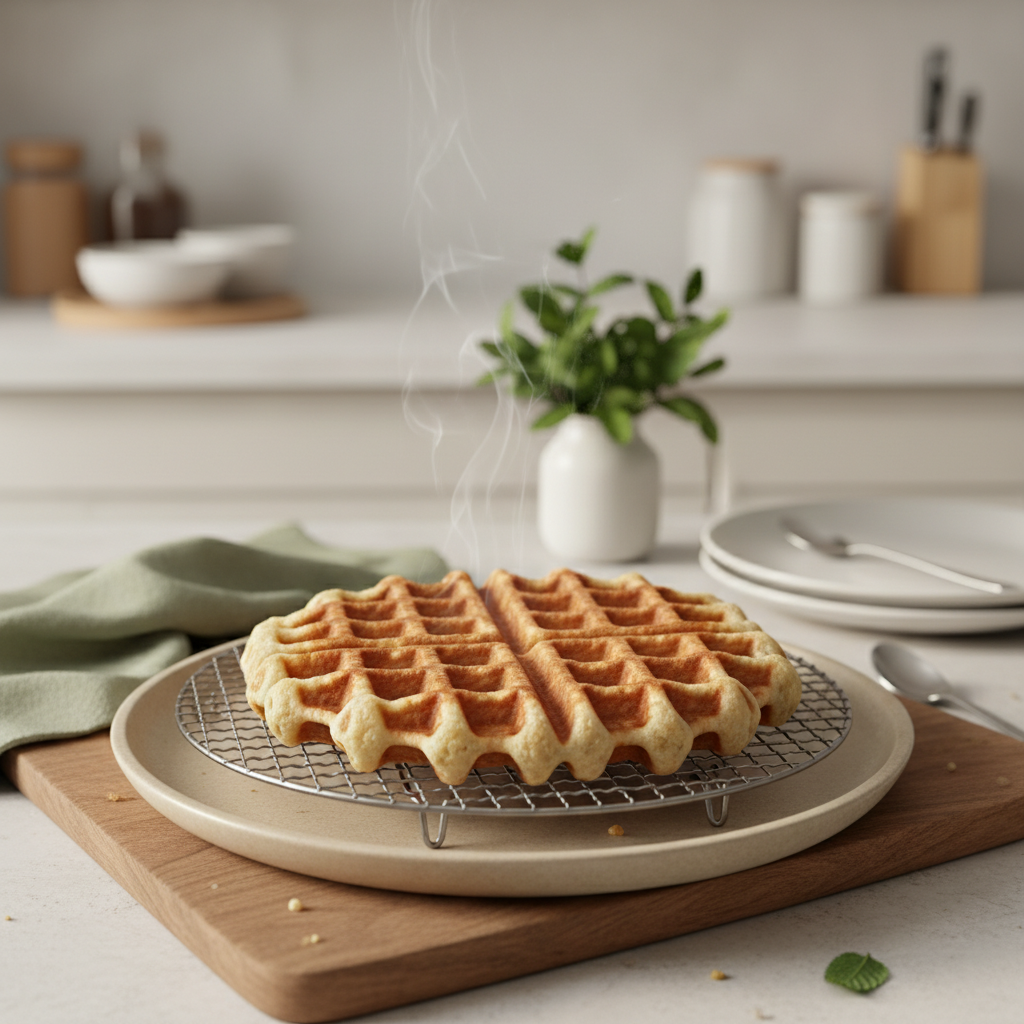 Nahaufnahme frisch gebackener goldbrauner fluffige Waffeln auf Abkühlgitter, minimalistisches Küchen-Setup, Hintergrund #dbdbcf mit #a5cd8d Akzenten, warmes Licht