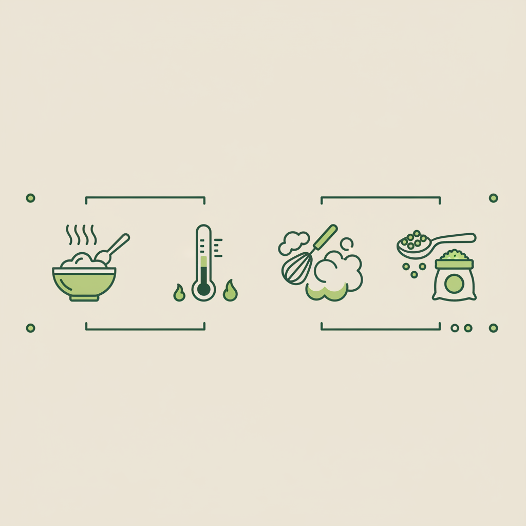 Minimalistische 2D-Vektor-Infografik mit Icons für Teigkonsistenz, Thermometerbereich, Eiweiß schlagen und Maisstärke-Anteil in Brand-Farben für fluffige Waffeln