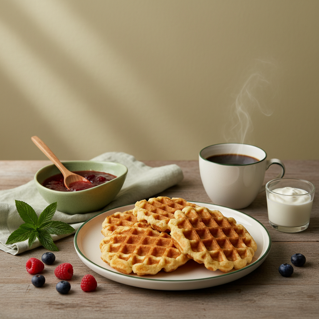 Teller mit frisch gebackenen Waffeln ohne Backpulver auf minimalistischem, warmem Küchentisch, dezente Schnell-Lecker-Farben #dbdbcf und #a5cd8d, natürliche Dekoration