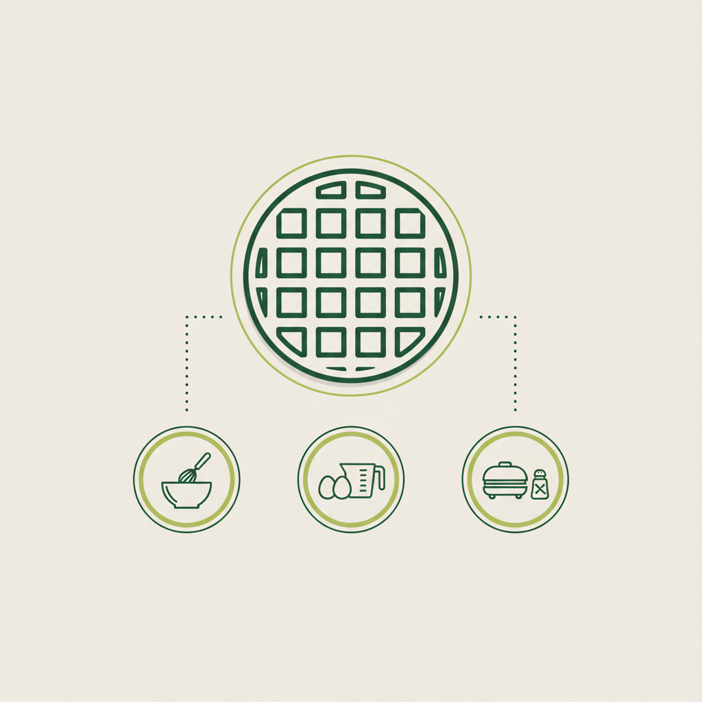 Minimalistische 2D-Infografik mit Vektor-Icons zur Zubereitung von Waffeln ohne Backpulver im Schnell Lecker Farbstil (#dbdbcf, #a5cd8d, #21431f)