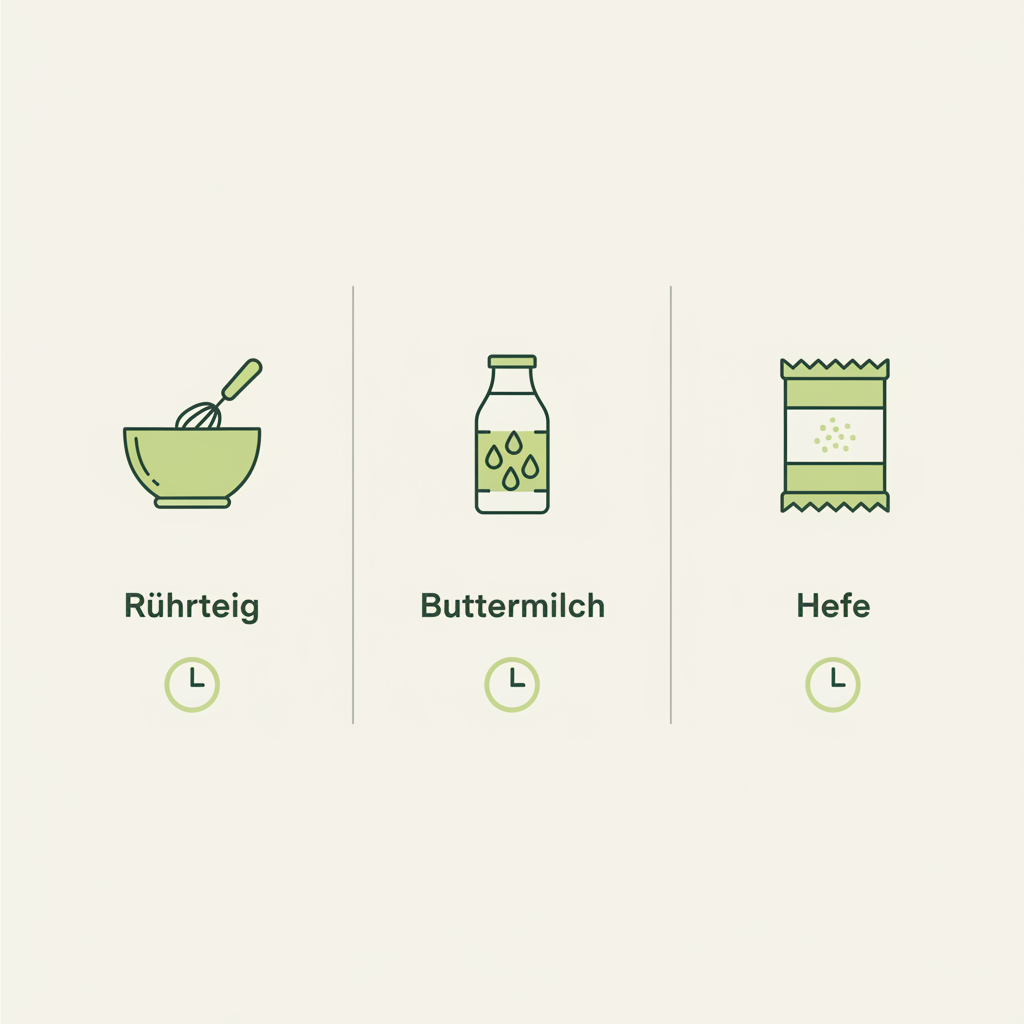 Waffelteig vorbereiten Infografik: drei Vektorspalten für Rührteig, Buttermilch und Hefe mit Uhren-Icons in Schnell Lecker Farben.