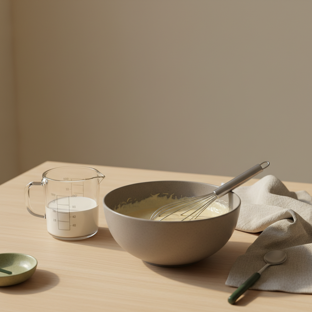 Minimalistische Küchentischszene mit Schüssel, Rührbesen, Messbecher und Leinentuch zum Waffelteig vorbereiten vor Hintergrund #dbdbcf und dezenten grünen Akzenten.
