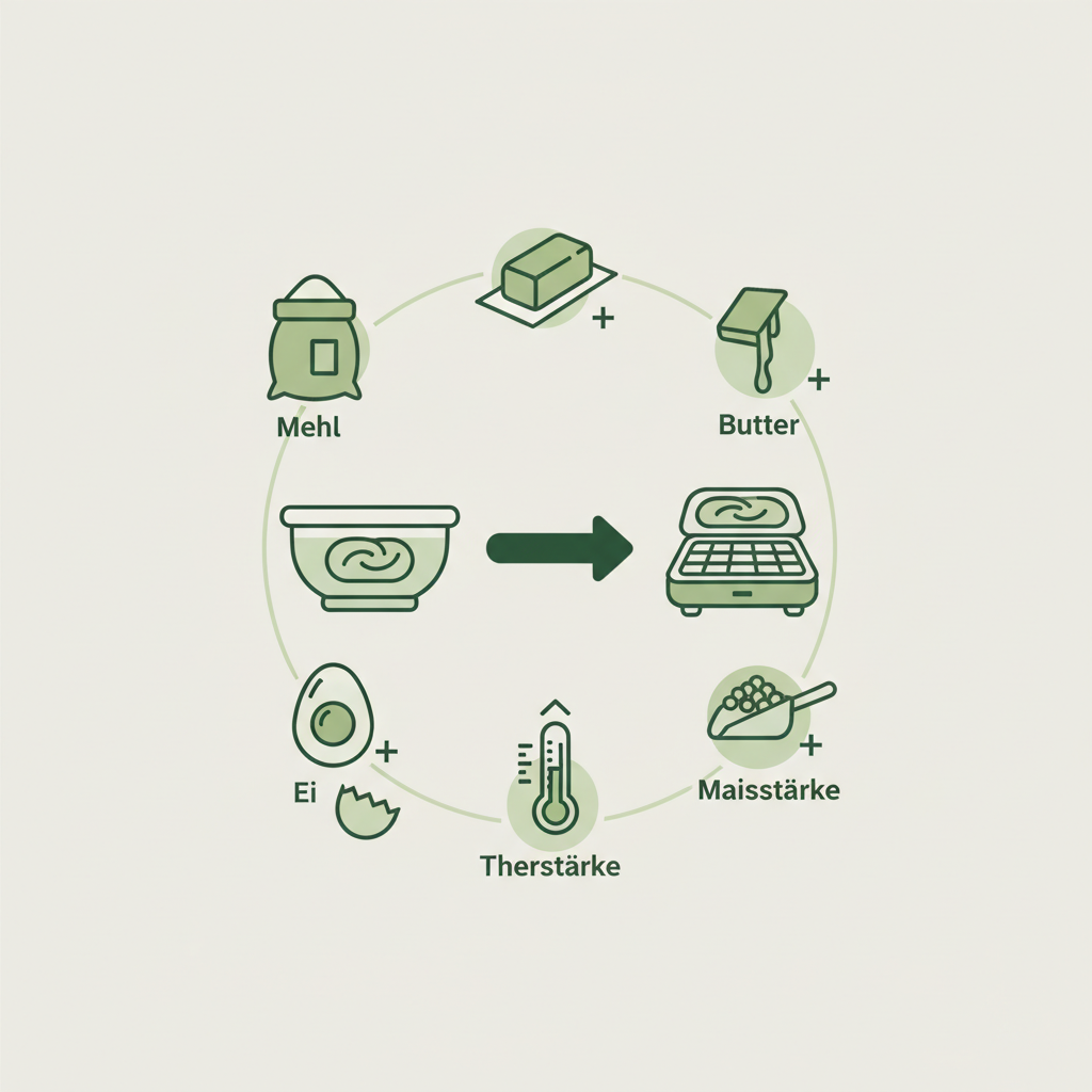 Ist Waffel dasselbe wie Pfannkuchenteig? Minimalistische Vektor-Infografik mit Icons (Mehl, Butter, Ei, Maisstärke, Thermometer) zeigt ikonisch die Umwandlung von Pfannkuchenteig zu Waffelteig.
