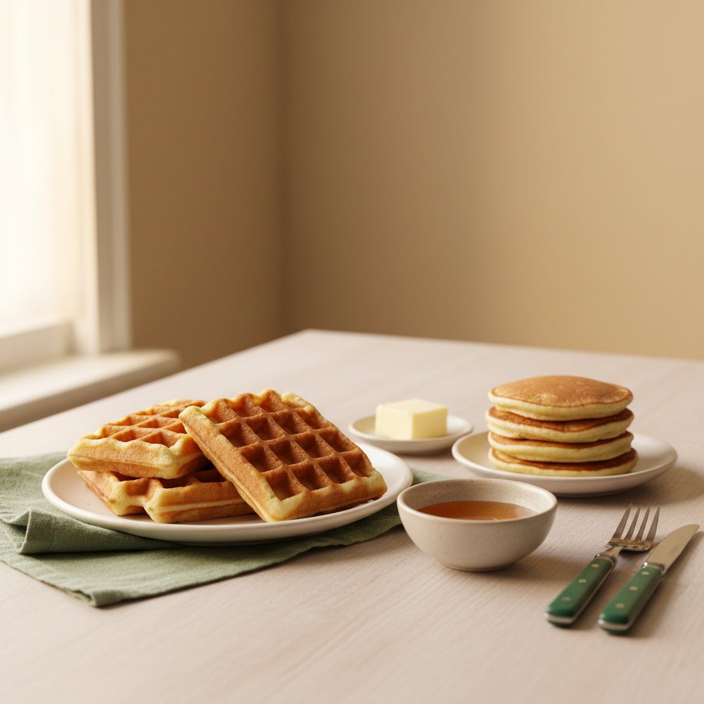 Nahaufnahme: gedeckter Küchentisch mit frisch gebackenen Waffeln und Pfannkuchen in warmer minimalistischer Ästhetik. Ist Waffel dasselbe wie Pfannkuchenteig?
