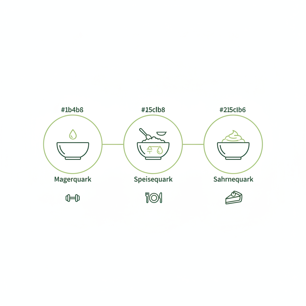 Minimalistische Vektor-Infografik zu Quarktypen (Magerquark, Speisequark, Sahnequark) für Quark Käsekuchen in den Markenfarben von Schnell Lecker