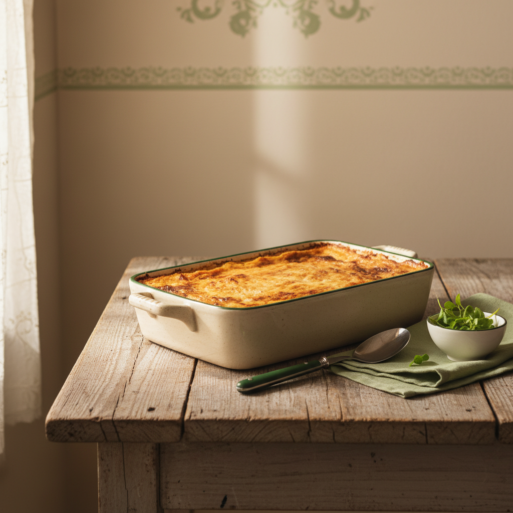 Temperatur Auflauf: goldbrauner Auflauf in Keramikform auf Holztisch, warmes minimalistisches Küchenambiente, Hintergrund #dbdbcf, Akzente #a5cd8d und #21431f