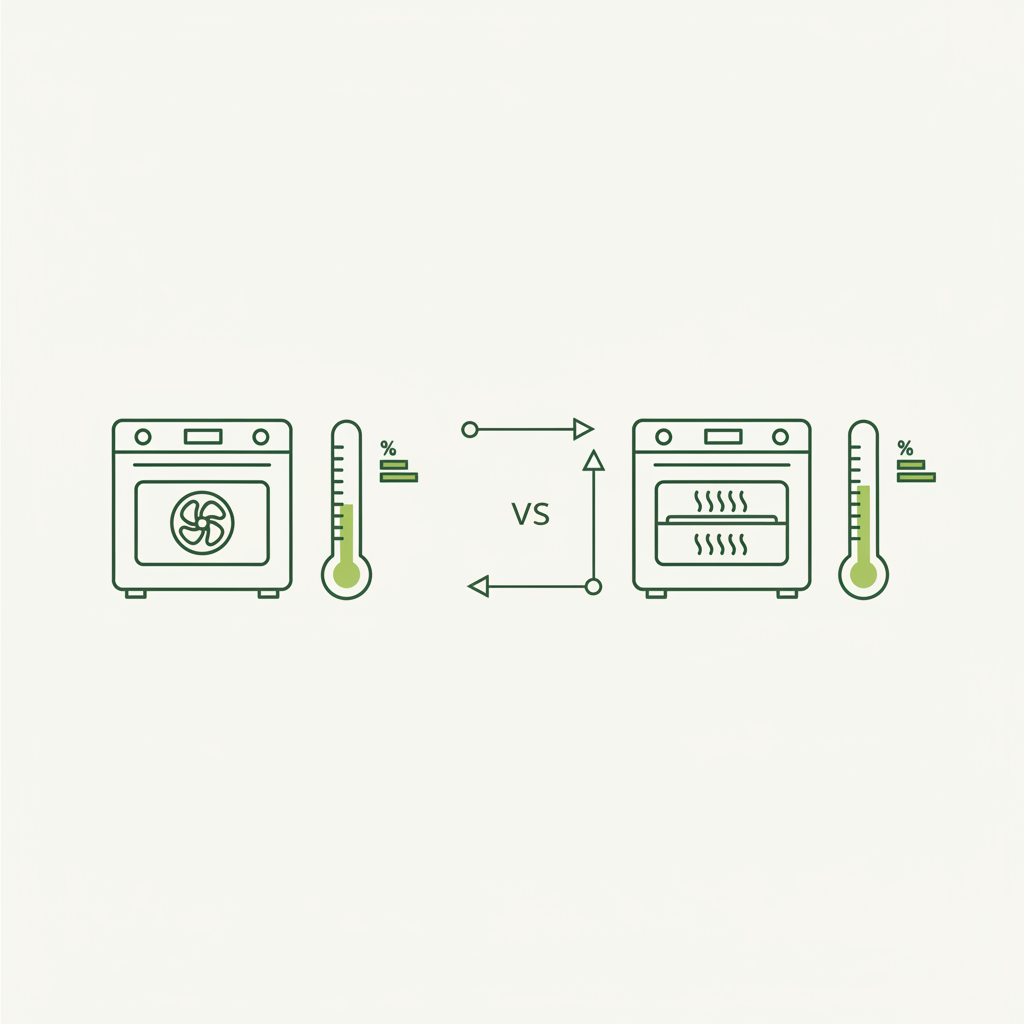 Vektor-Infografik mit Vergleich von Umluft (Ventilator-Ofen) und Ober-Unterhitze (Heizleisten) mit visuellen Temperaturanzeigen ohne Text.