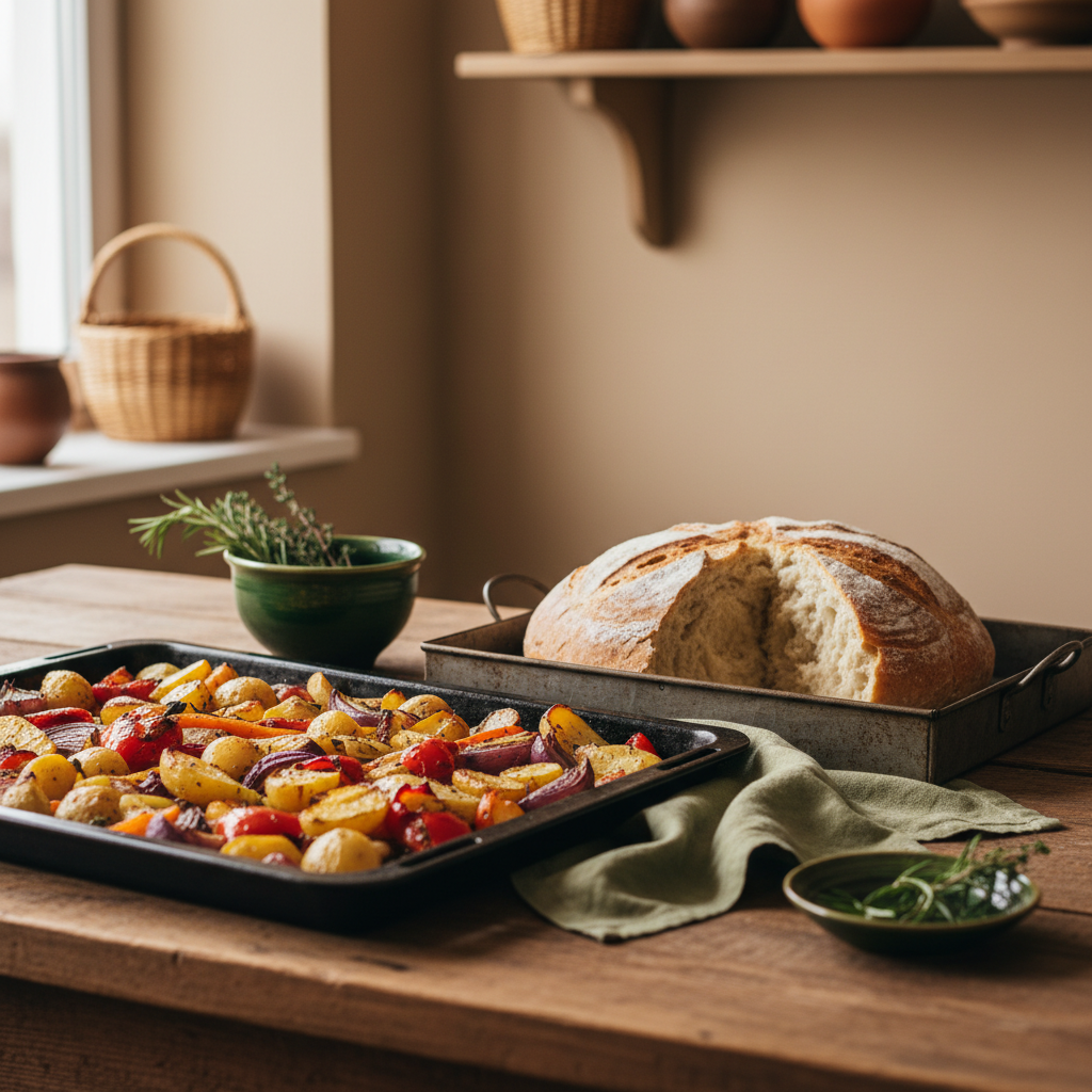 Nahaufnahme einer einfachen Küche mit Backblech, knusprigem Ofengemüse und rustikalem Brot auf Holzbrett, warme Farbtöne, minimalistisch, geeignet für Umluft.