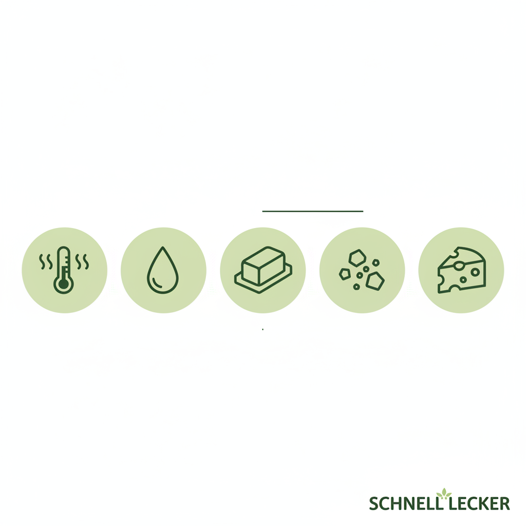 Minimalistische 2D-Vektorinfografik mit Symbolen für Hitze, Feuchtigkeit, Butter, Panko und Käse – Tipps für einen Auflauf knusprig.