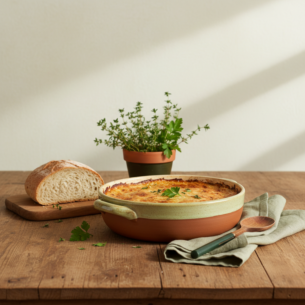 Auflauf knusprig in rustikaler Keramikform auf Holztisch, minimalistische europäische Küche mit #dbdbcf Hintergrund und dezenten #a5cd8d Akzenten