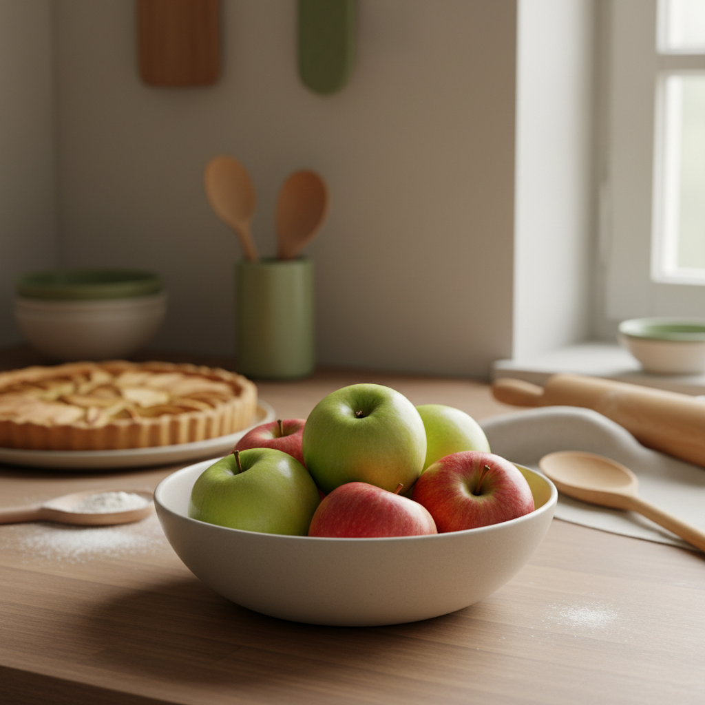 Schüssel mit gemischten Äpfeln (Granny Smith, Braeburn, Jonagold, Fuji) auf Holztheke in heimischer Küche – Alternativen zum Boskoop, warme Markenfarben dezent.