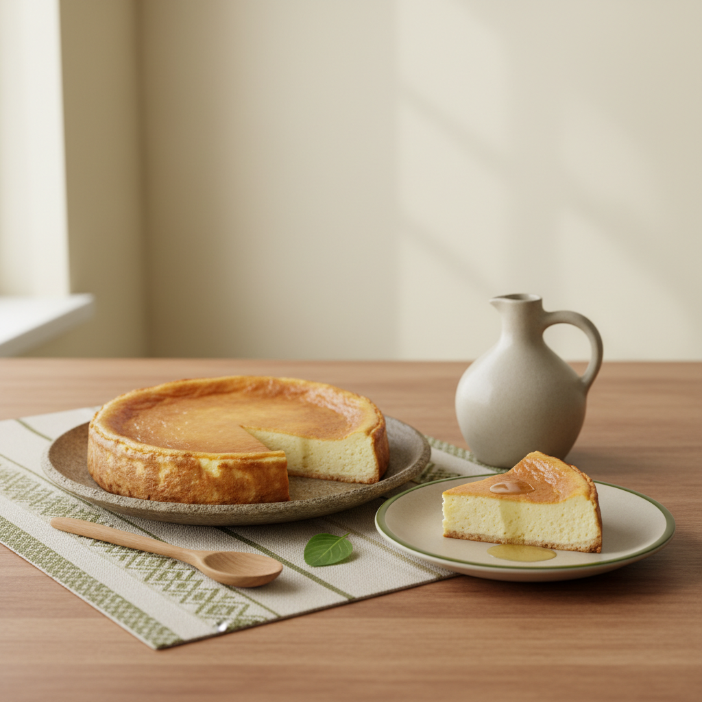 Vollbild eines minimalistischen Küchenstilllebens mit Käsekuchen und sichtbarem Öl im Käsekuchen, rustikale Keramik, subtile ungarisch‑rumänische Textilien, Farben #dbdbcf #a5cd8d #21431f
