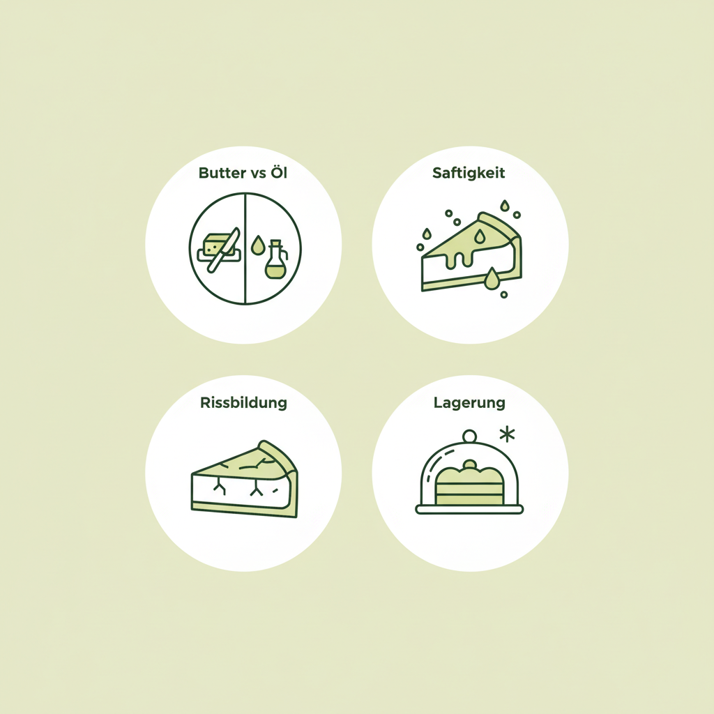 Infografik zu Öl im Käsekuchen mit vier minimalistischen Vektor-Icons: Butter vs Öl, Saftigkeit, Rissbildung und Lagerung in Schnell Lecker Farben.
