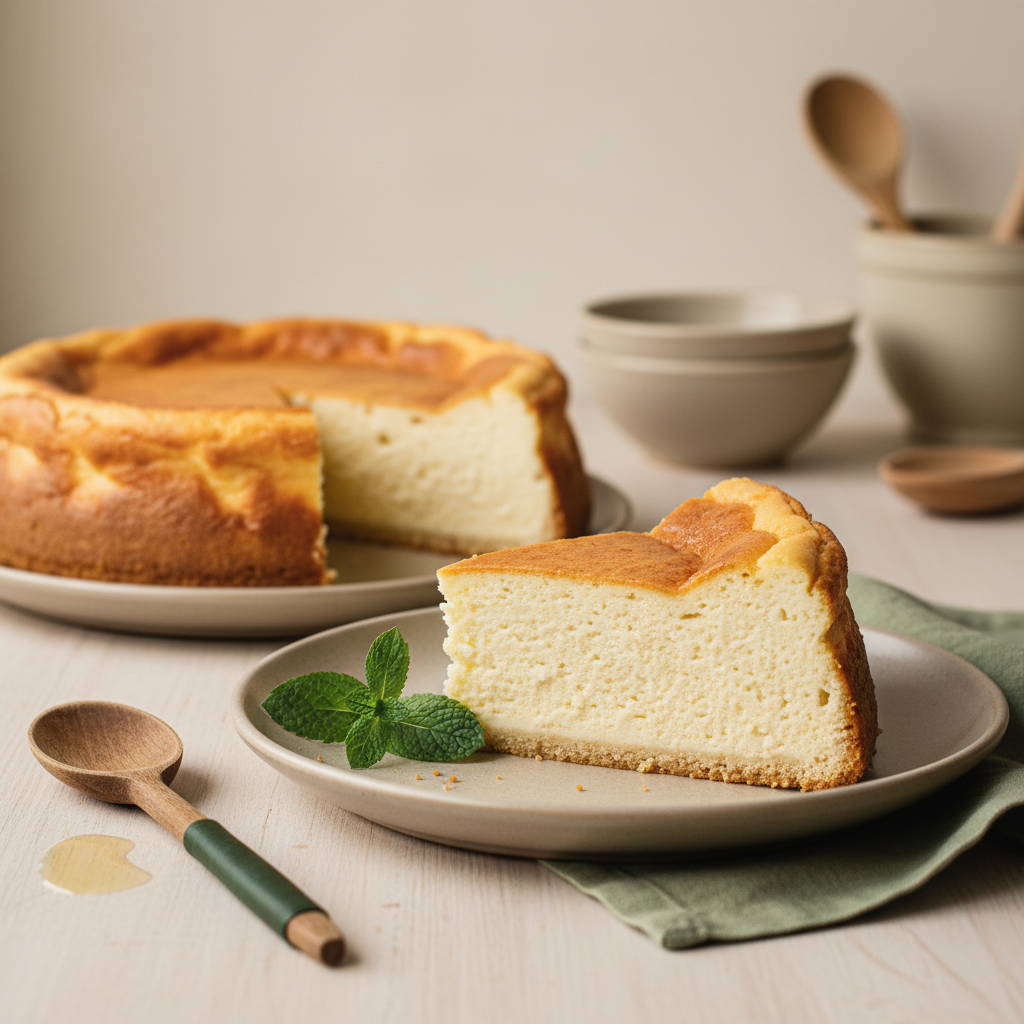 Nahaufnahme eines in Scheiben geschnittenen, cremigen Käsekuchens auf Teller auf Holzbrett, warme natürliche Beleuchtung, Hintergrund #dbdbcf, grüne Akzente #a5cd8d – Käsekuchen backen