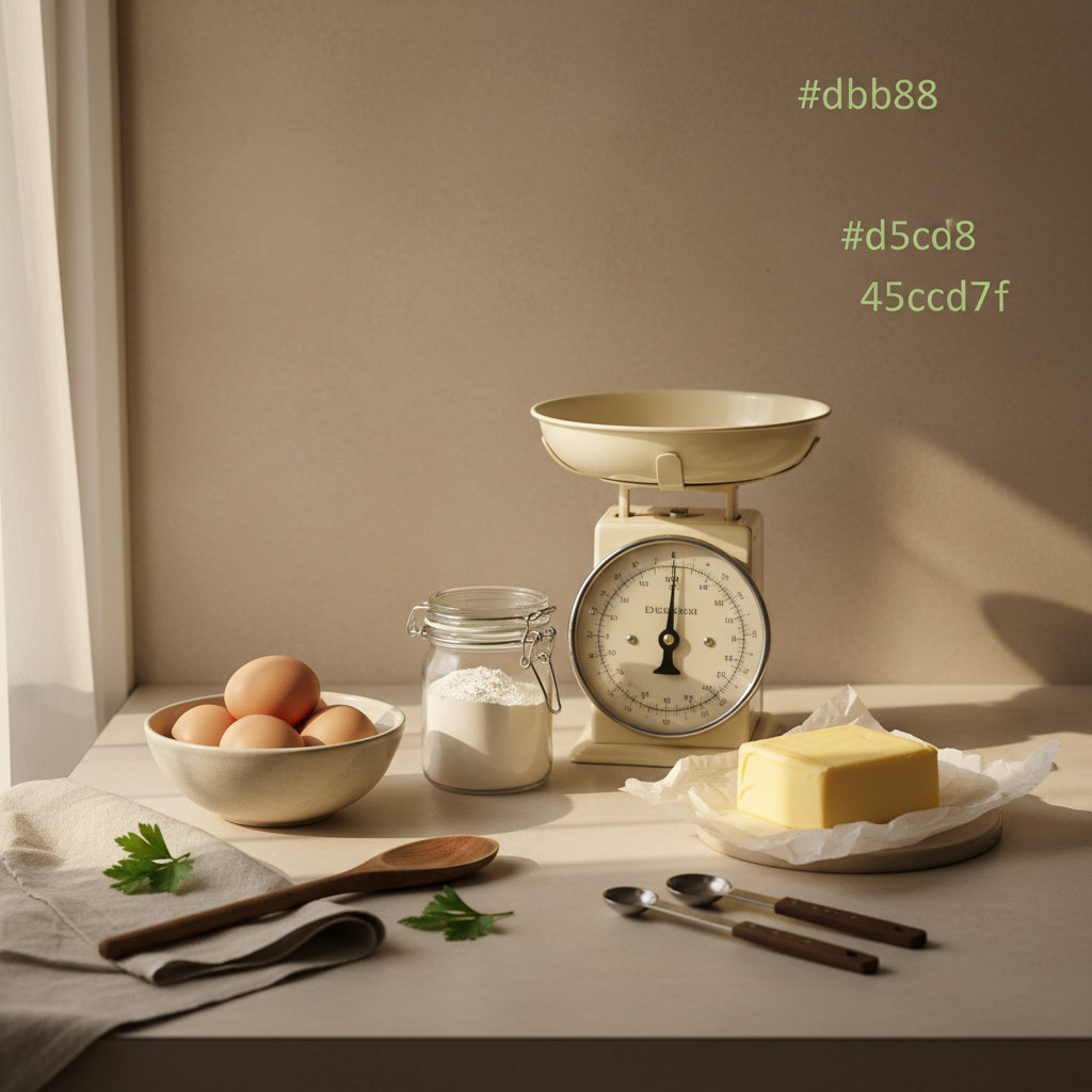 Nahaufnahme einer aufgeräumten Küchenarbeitsfläche mit Eiern, Mehl, Waage und Butter in Schnell Lecker Farben; kuchen fällt zusammen verhindern