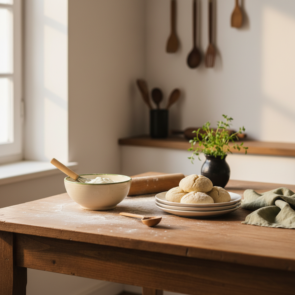 Heimelige europäische Küchenszene mit gedecktem Tisch, Backutensilien und Schälchen Schmand als Ersatz, Markenfarben #dbdbcf und #a5cd8d – Quark durch Schmand ersetzen
