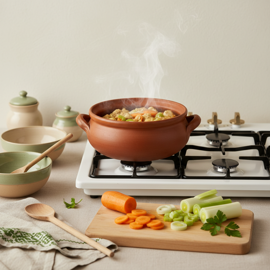 Topf mit Hähnchen Frikassee auf Herd, Karotte Sellerie Lauch daneben auf Holzbrett, heimelige Küchenszene, Hähnchen garzeit Frikassee