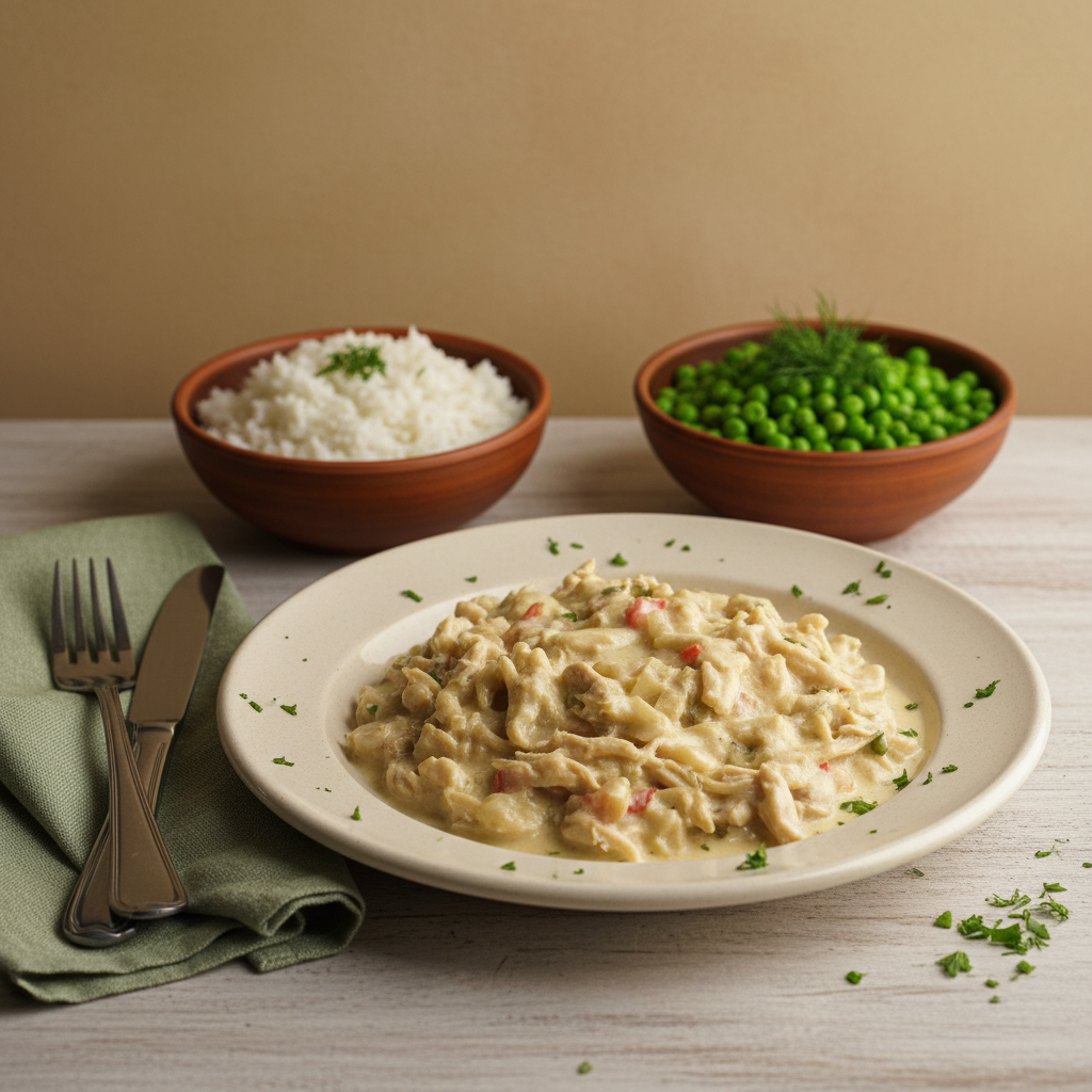Vollbild eines heimeligen europäischen Küchen-Setups mit Hühnerfrikassee, sämiger Sauce, Beilagen und klar sichtbarer Konsistenz beim Hühnerfrikassee andicken
