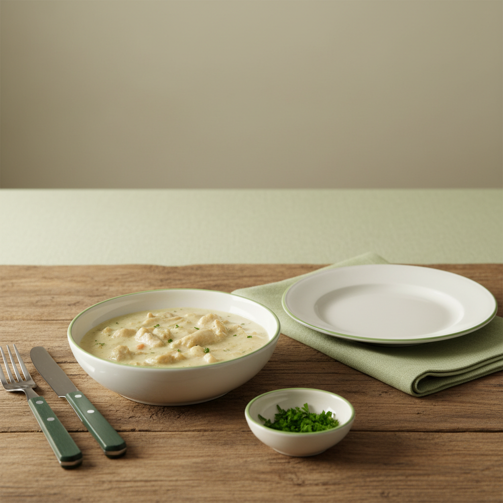 Helles Hähnchenfrikassee auf rustikalem Holztisch mit minimalistischer, gedeckter Tafel im warmen europäischen Stil – Hähnchenfrikassee Rezept