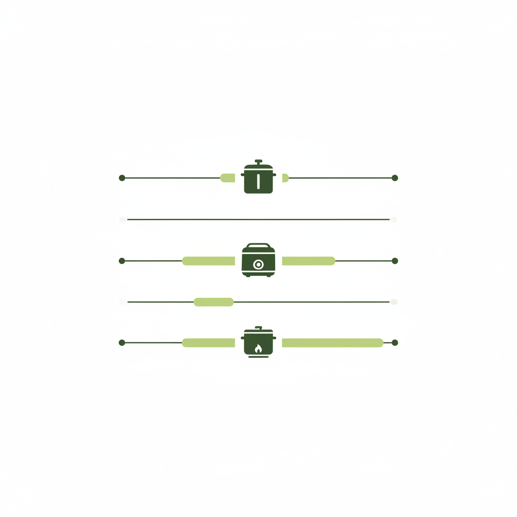 Minimalistische 2D-Vektor-Infografik mit Zeitachsen zur Hähnchenschenkel Kochzeit Suppe: Icons für Schnellkochtopf, Slow Cooker und Herd in Markenfarben.