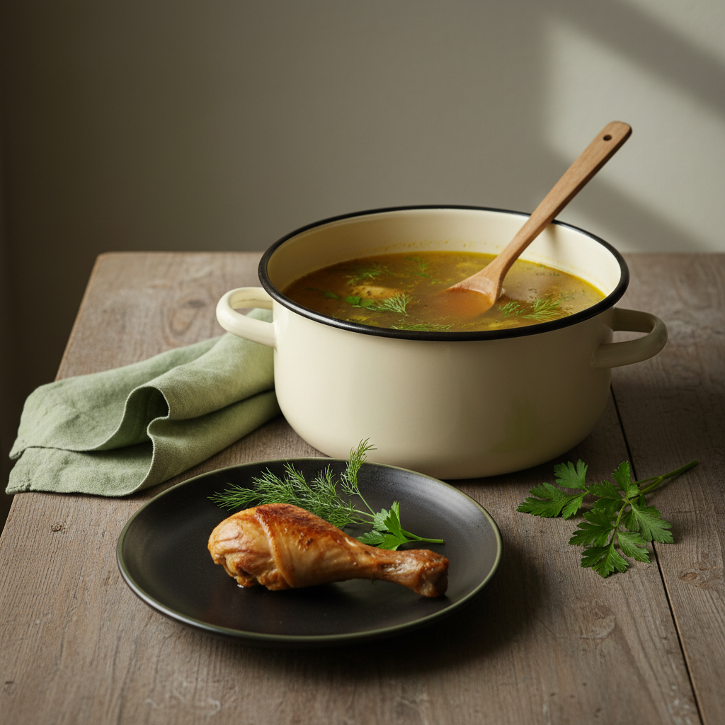 Kochtopf mit Hühnersuppe und sichtbarem Hähnchenschenkel, frische Kräuter auf rustikalem Tisch, warmes Fensterlicht, Hähnchenschenkel Kochzeit Suppe, Hintergrund #dbdbcf, Akzente #a5cd8d