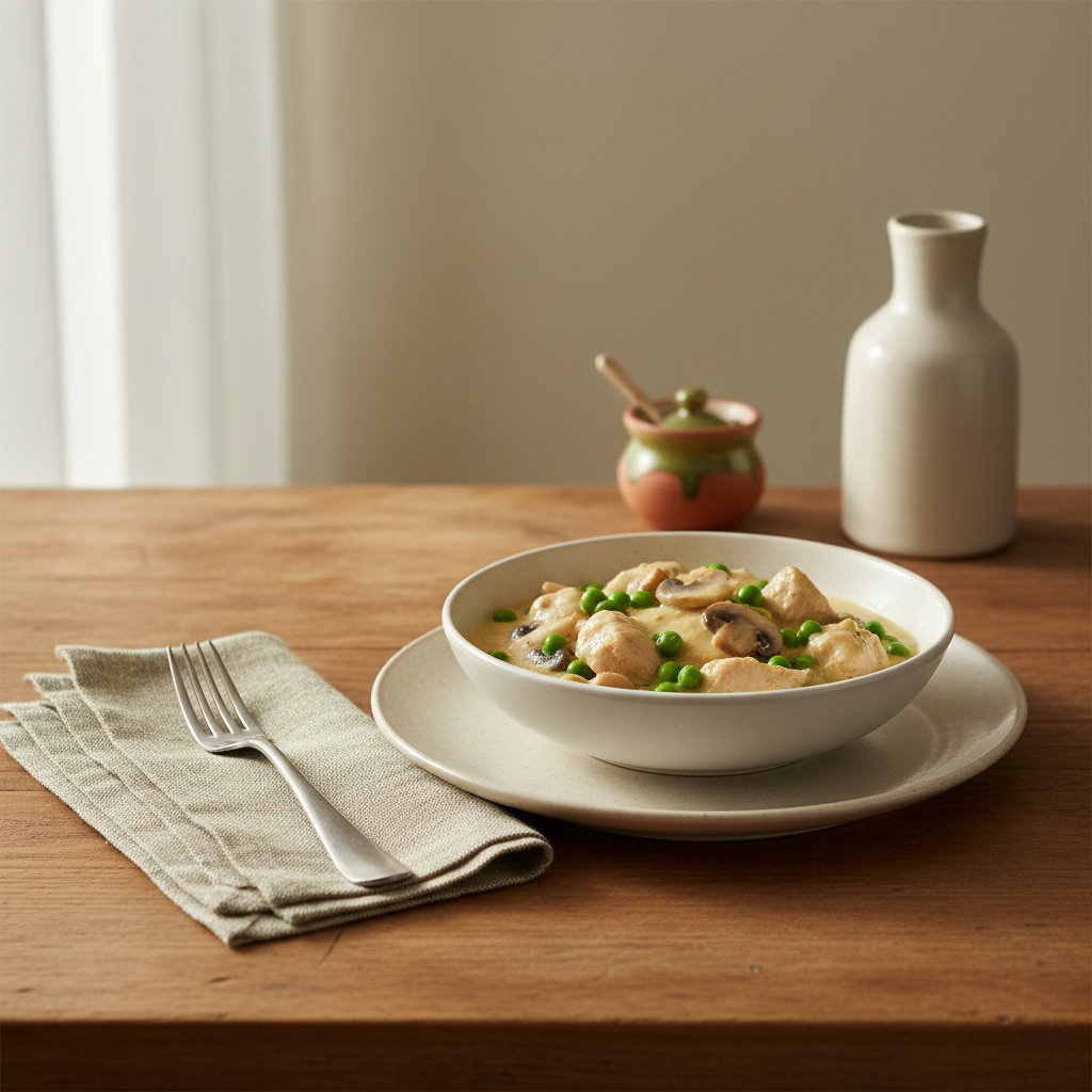Hühnerfrikassee Zutaten auf Teller mit Erbsen und Champignons auf Holztisch, Leinenserviette, warmes Tageslicht, minimalistischer Hintergrund