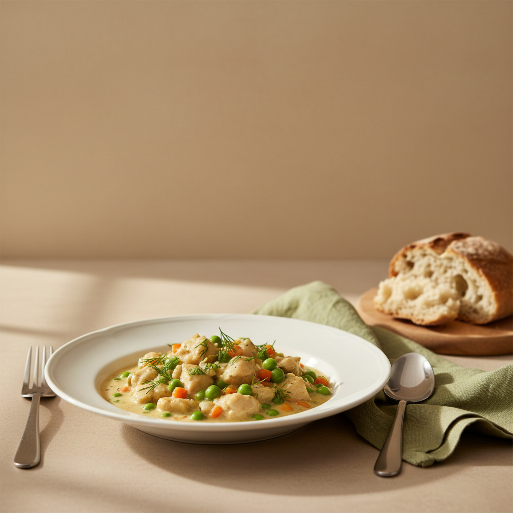 Gedeckter Teller Hühnerfrikassee mit Erbsen und Möhren, warmes heimeliges Küchensetup auf #dbdbcf Hintergrund, dezente #a5cd8d Akzente