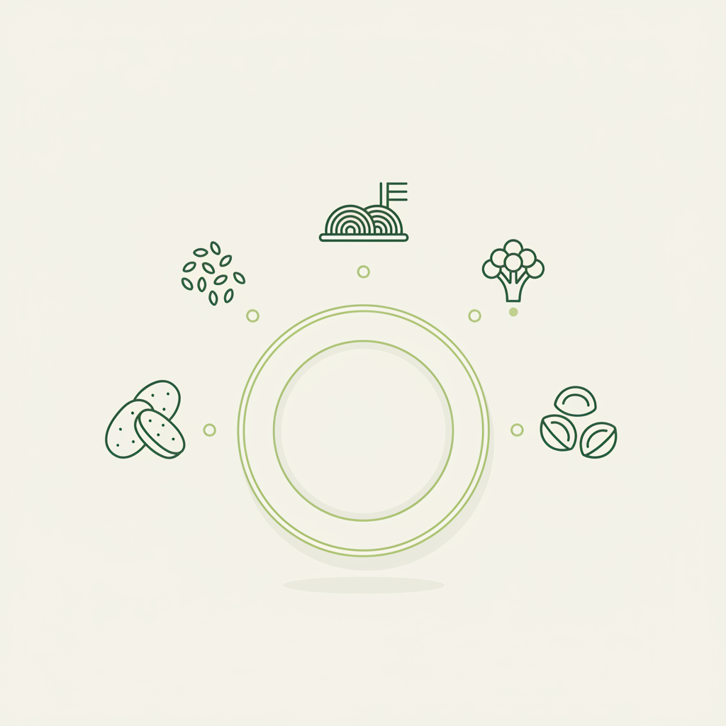 Was schmeckt am besten zu Hühnerfrikassee? Vektor-Infografik mit Teller und Icons für Reis, Kartoffeln, Nudeln, Spätzle und Gemüse im Schnell Lecker Farbstil.