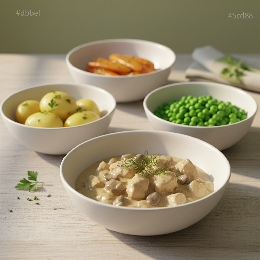 Was schmeckt am besten zu Hühnerfrikassee? Hühnerfrikassee in weißer Schale mit Kartoffeln und Erbsen, minimalistisch arrangiert auf warmem Küchentisch vor Hintergrund #dbdbcf.