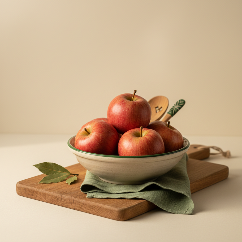 Full-Frame-Stillleben mit Apfel in schlichter Schale auf rustikalem Schneidebrett, Leinen-Akzent #a5cd8d vor Hintergrund #dbdbcf, warmes Tageslicht