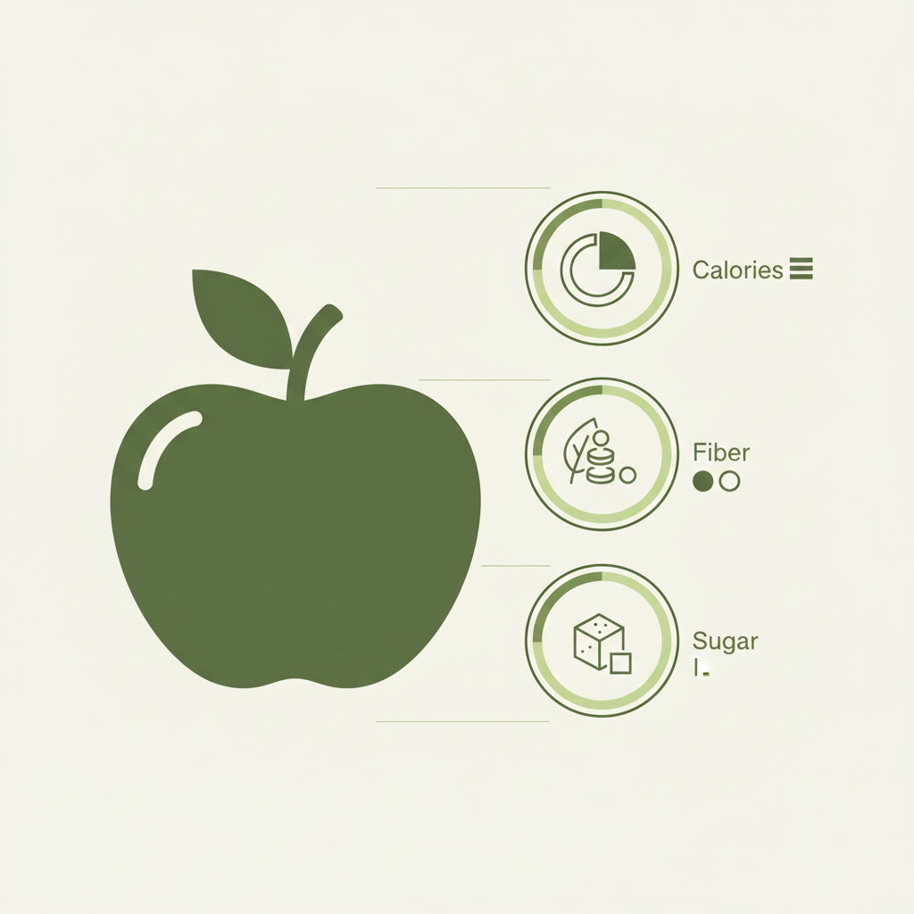 Minimalistische 2D-Vektor-Infografik eines Apfels mit drei Icons für Kalorien, Ballaststoffe und Zucker in Schnell Lecker Farben.