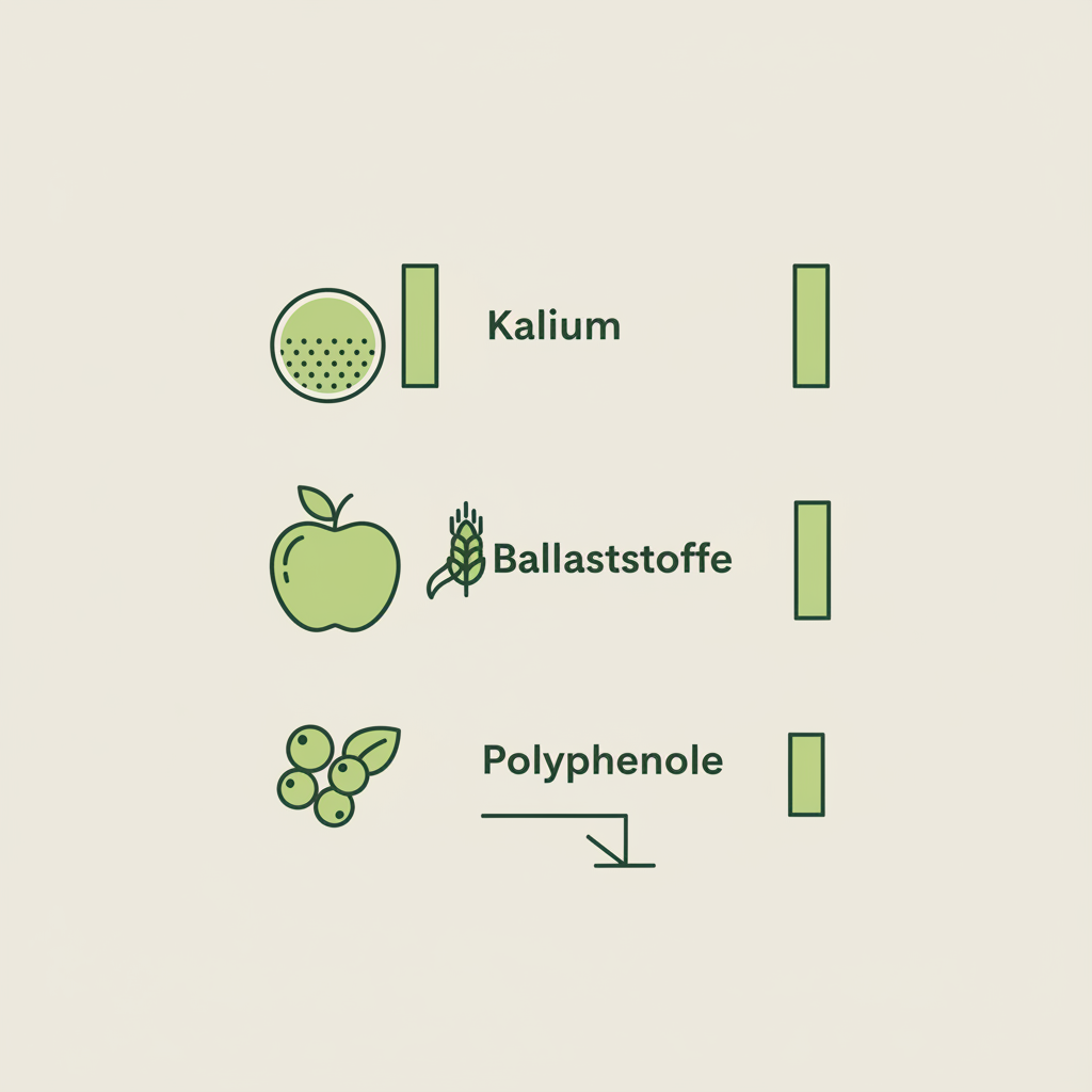 Vektor-Infografik mit stilisiertem Apfel, Icons zu Kalium, Ballaststoffen und Polyphenolen und Mini-Diagrammen zur mmHg-Reduktion. Apfel blutdrucksenkend.
