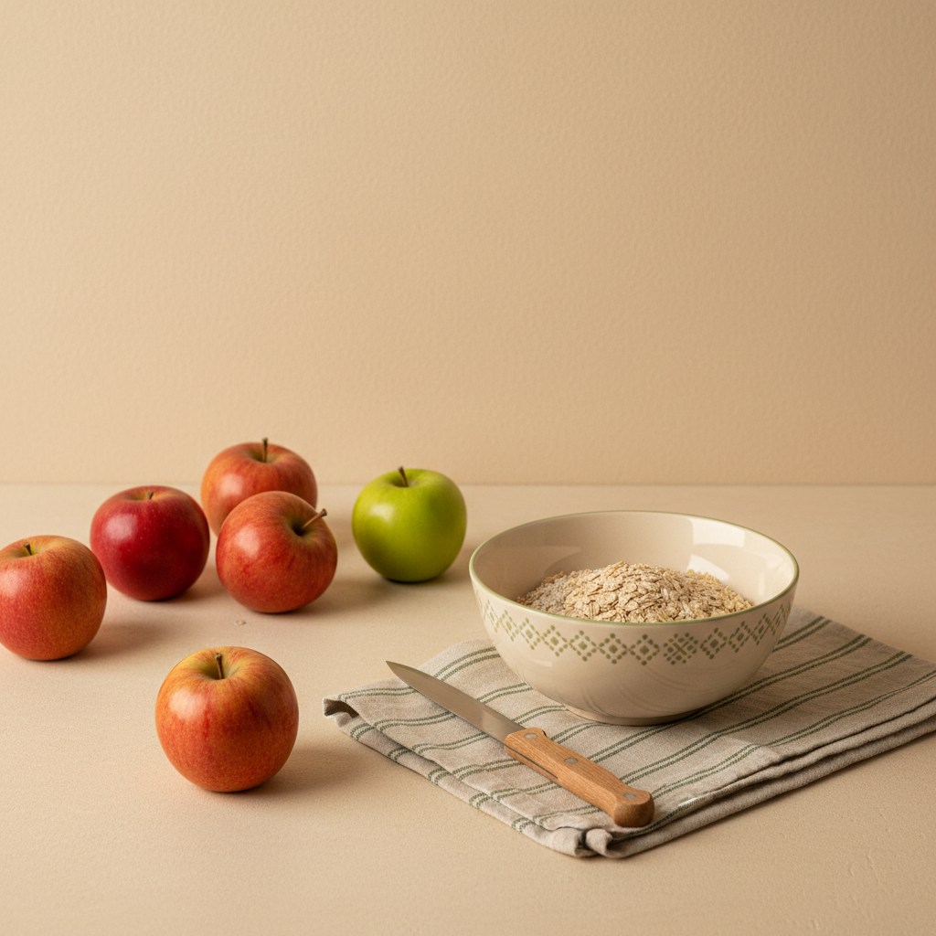 Apfel blutdrucksenkend: realistisches Stillleben auf heller Küchentheke mit Äpfeln, Hafer in Schale, Messer und Leinentuch vor cremefarbenem Hintergrund und dezenten grünen Akzenten.