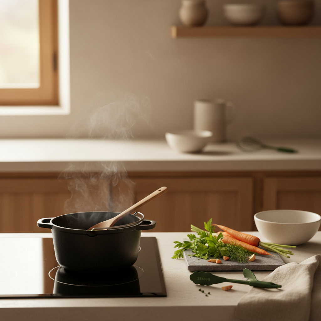 Wie lange muss Hühnerbrühe Kochen? Heimelige Vollbild-Küchenszene mit köchelndem Topf, Holzlöffel, frischen Kräutern und Wurzelgemüse vor #dbdbcf Hintergrund.